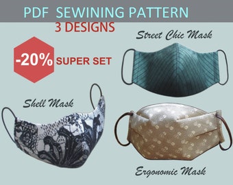 3D Face mask pattern PDF Reusable Cloth Sewing mask Instruction, 3 different styles for adult.