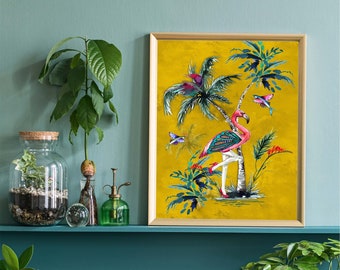 Chimiracle Mustard yellow Flamingo Print · Wall Art · Abstract Art Print · Modern · Maximalist Decor · A5 A4 A3 · Watercolour Painting