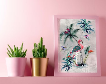 Chimiracle Grijs Groen Flamingo Print · Kunst aan de muur · Abstracte Kunst Print · Modern · Maximalist Decor · A5 A4 A3 · Aquarel schilderen