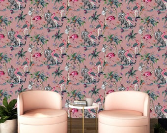 Muck N Brass ChiMiracle luxury wallpaper | Maximalist home decor | mythical botanical garden jungle animal design | Pink