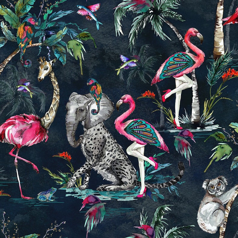 Muck N Brass ChiMiracle Dark luxury wallpaper Maximalist home decor mythical botanical garden jungle animal design Navy Blue image 2