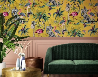 Muck N Brass ChiMiracle luxury wallpaper | home decor | mythical botanical garden design - Mustard yellow