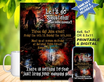 BIGFOOT, SASQUATCH Camping Investigation Flyer, Printable Invitation or Online Use, Personalized For Your Event, 8.5x11, 5x7 or 4x6 sizes!!!