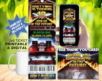 BACK To The FUTURE, 80's Inspired Ticket Invitation And FREE Thank You Card, Printable or Online Use, Custom Personalized, Wicked Awesome!!