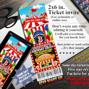 ZIRKUS CARNIVAL BIRTHDAY Ticket Einladung, Printable einladen oder online-Nutzung, bunt und Spaß, Kinder-Party !!!, Danke-Karte auch verfügbar!!