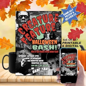 VINTAGE HALLOWEEN BASH Invitation, Printable Invite or online invite, Classic Horror Movie Villains!!!