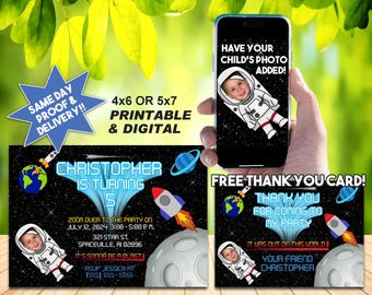SPACE INVITATION, Free Thank You Card, Add Your Child's Photo, Personalized Printable Invite or Digital Use, Cute Kids Invite!!!