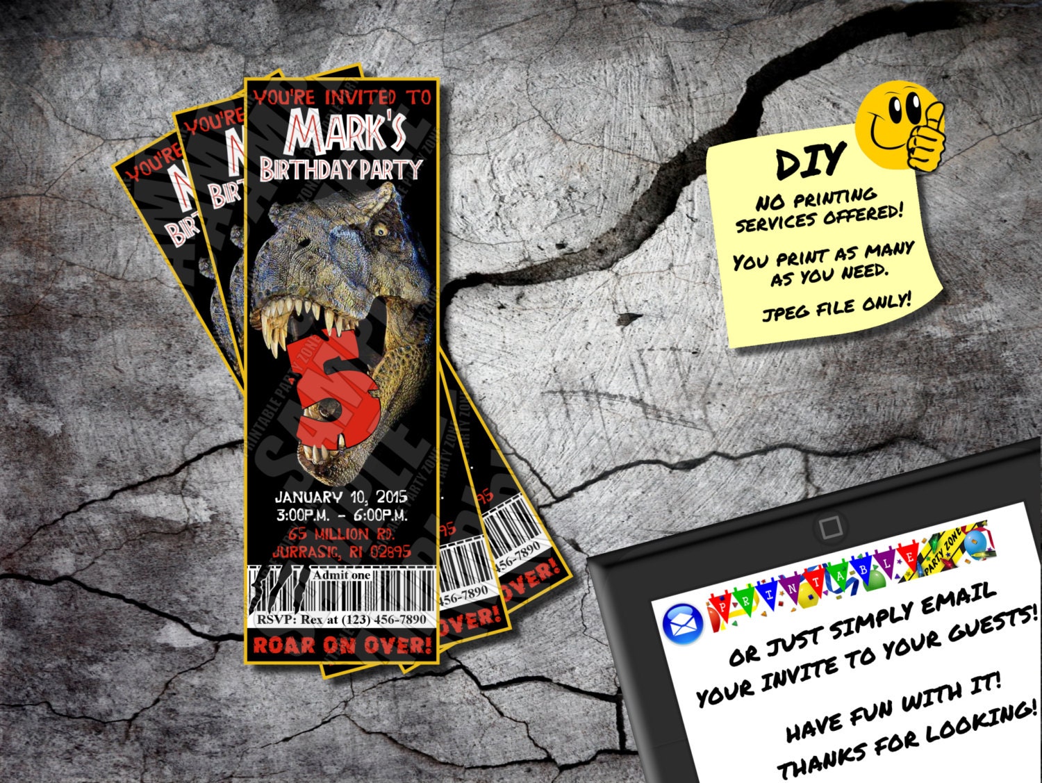 JURASSIC PARK INVITE Printable Birthday Ticket. Emailable | Etsy