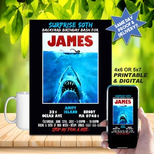 SHARK INVITE, JAWS style Printable Invitation or Online Use, Personalized For Your Party, Poster Style Look, Surprise Party, Scary Cool!!!