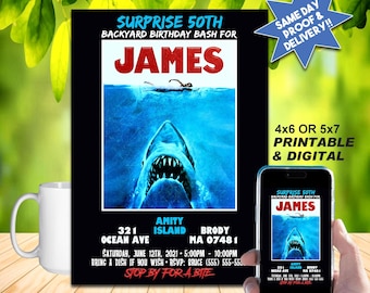 SHARK INVITE, JAWS style Printable Invitation or Online Use, Personalized For Your Party, Poster Style Look, Surprise Party, Scary Cool!!!