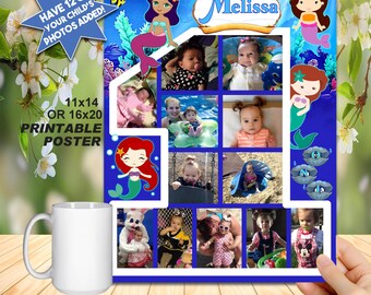 FIRST BIRTHDAY, 12 Month Collage Poster, Have Your 12 Photos Added, Number One (16x20 or 11x14 sizes) DIY Printing, Very Cute Milestone!