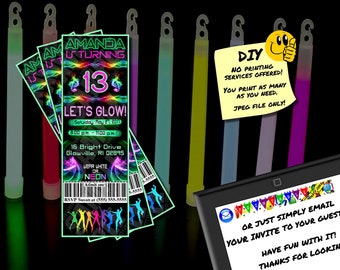 Faire-part de billet d'anniversaire lumineux, invitation imprimable ou utilisation en ligne, fête colorée avec des bâtons lumineux !!!