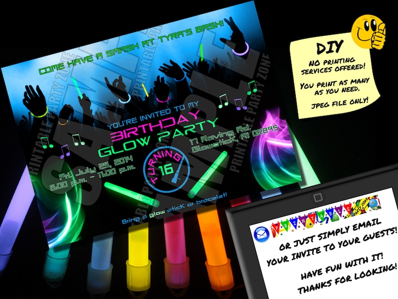 BIRTHDAY GLOW PARTY Invitation Printable Invite Emailable - Etsy