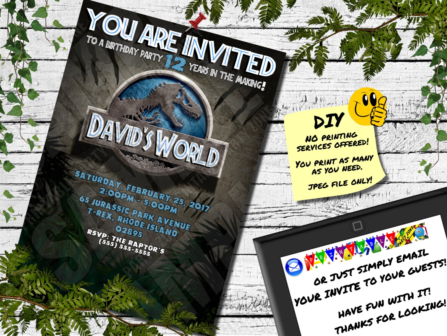 JURASSIC PARK INSPIRED Printable Birthday Invite. Emailable | Etsy
