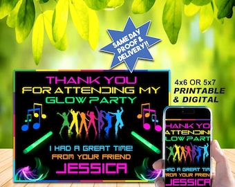 GLOW PARTY THANK You Card, Printable or Digital Use, Colorful Neon Rainbow Border! (I have the matching invite in my shop!)