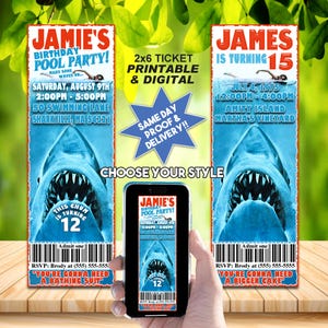 SHARK INVITE, Printable Birthday Ticket Or Online Use Invite, Personalized For Your Party, Cool Summer Invitation!!!