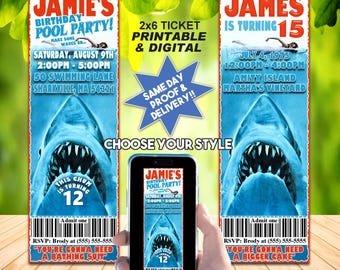 SHARK INVITE, Printable Birthday Ticket Or Online Use Invite, Personalized For Your Party, Cool Summer Invitation!!!