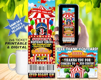 CIRCUS CARNIVAL BIRTHDAY Ticket Invitation & Thank You Card, Printable or Online Use, Colorful And Fun, Kids Party!!!