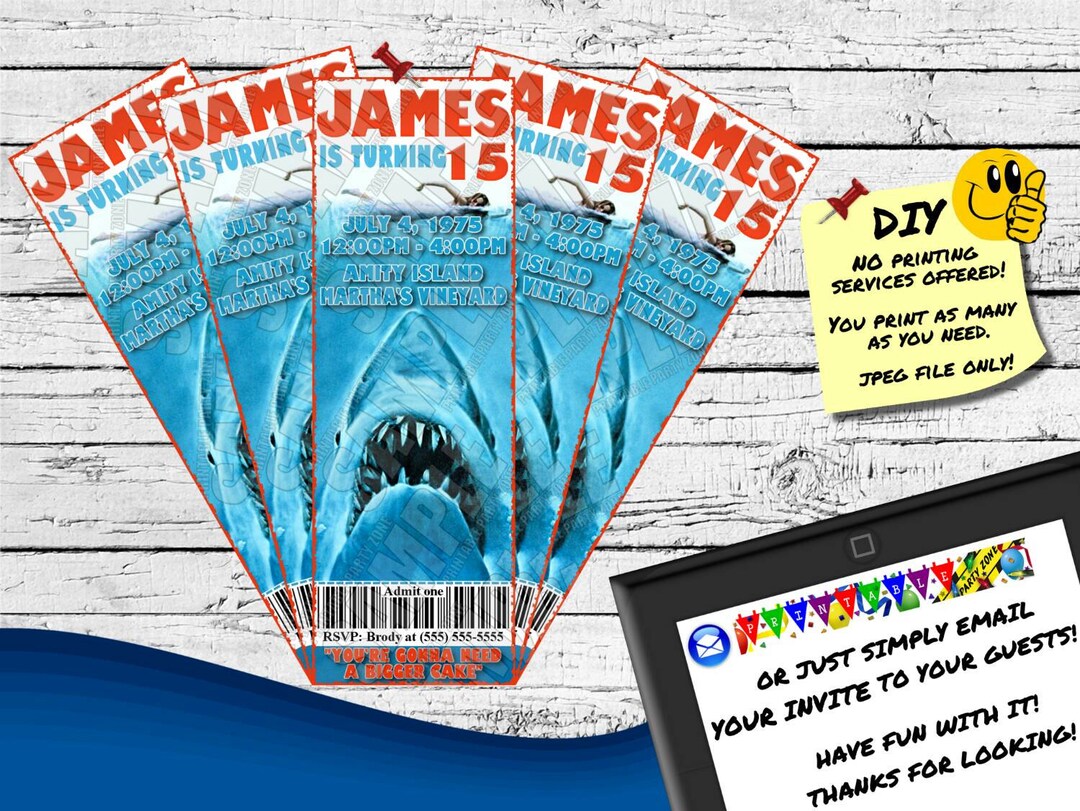SHARK INVITE Printable Birthday Ticket or Online Use Invite Cool Summer Invitation - Etsy