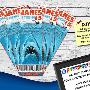 SHARK INVITE Printable Birthday Ticket or Online Use Invite Cool Summer Invitation - Etsy