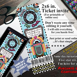 50er Jahre PARTY Ticket EINLADUNG, DIY druckbare oder online-Nutzung, Rock rund um die Uhr!!!