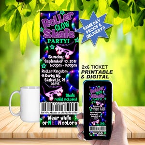 May include: An advertisement for a Roller Glow Skate Party, featuring a ticket design with roller skates, neon lights, and event details. The image includes a white mug and a smartphone displaying the ticket design. Text includes "Wear white or NEON colours."