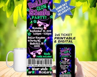 ROLLER SKATE GLOW Party Ticket Invitation, Printable Invite or Online Use, Colorful Glow Skate Party!!!