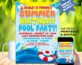 SUMMER BIRTHDAY POOL Party Invitation, Diy Printable Invite or Online Use, Cute Kids Invite!!!