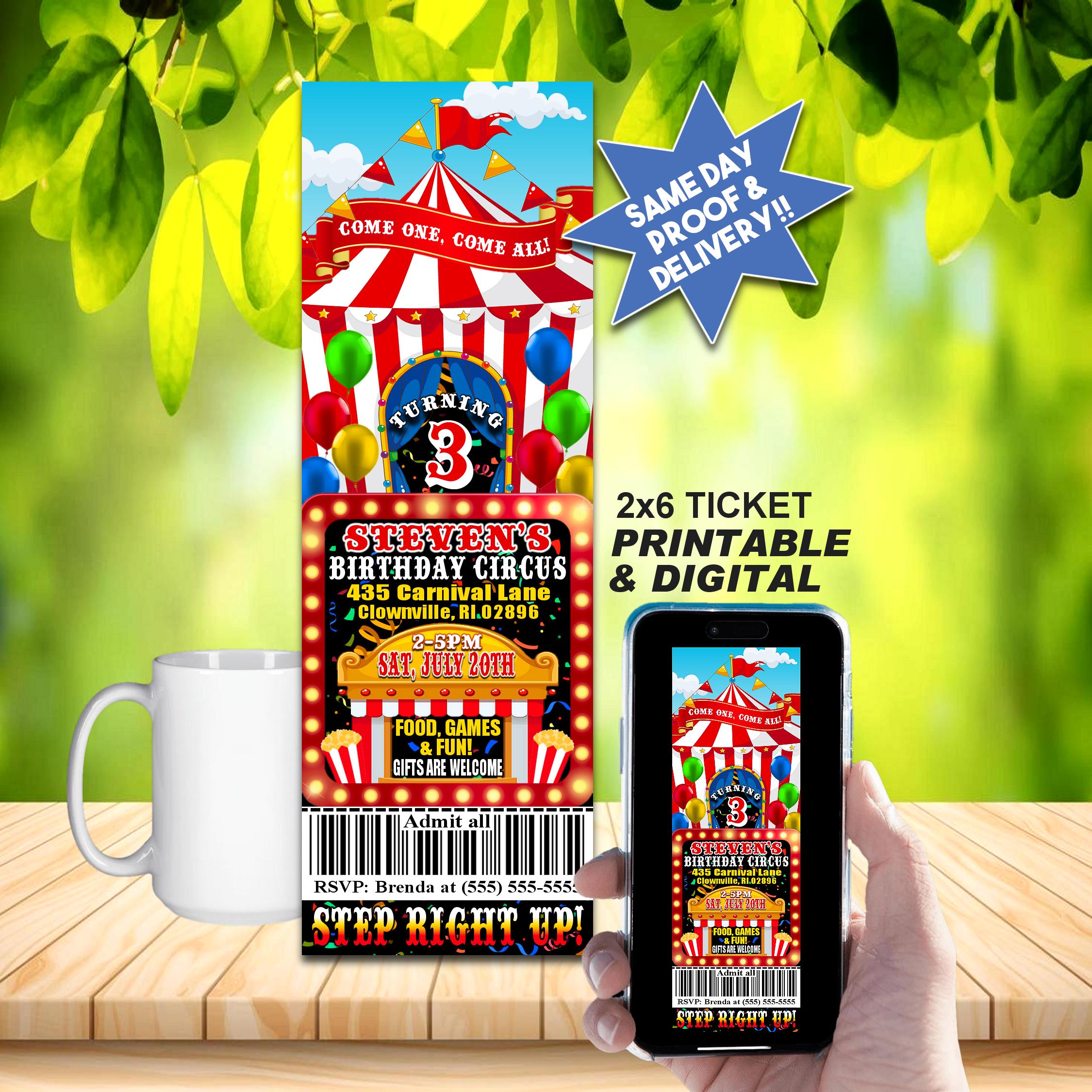 CIRCUS CARNIVAL BIRTHDAY Ticket Invitation, Printable Invite or Online Use,  Colorful And Fun, Kids Party!!!, Thank You Card Also Available!!, image size:2250x2250