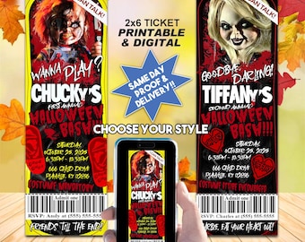 CHUCKY Or TIFFANY Inspired Halloween Ticket Invitation, Printable Invite Or Online Use, Choose Your Style, Doll In A Box Look!!!
