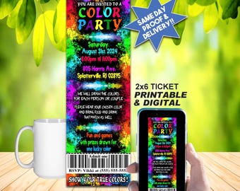COLOR PARTY Ticket Invitation, DIY Printable Invite or Online Use, Fun Colorful Gathering!!!