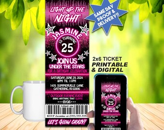 GLOW PARTY BIRTHDAY Ticket Invitation, Printable Invite or Online Use, Cool Pink Neon And Stars!!!