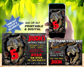 JURASSIC PARK INSPIRED Birthday Invite, With Free Thank You Card, Printable Invite or Digital Use, Dinosaur Invitation!!
