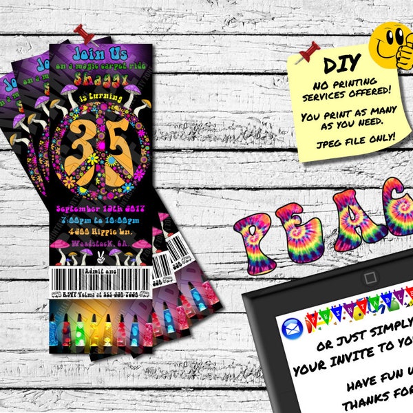 60's PARTY INVITATION ticket - DIY Printable or Online Use - Trippy Cool Man!!!