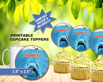SHARK BIRTHDAY Cupcake Toppers, Personalized Name, Printable File, (Check my shop for matching invite!!!)