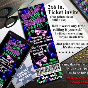 ROLLER SKATE GLOW Party Ticket-Einladung, printable einladen oder online-Nutzung, bunt Glow Skate Party!!!