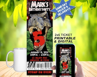 JURASSIC PARK INVITE, Printable Birthday Ticket or Online Use, Cool Dinosaur Invitation!, (My Shop Has Matching Toppers & Ty Card)