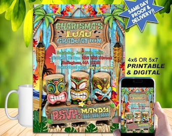 LUAU GRADUATION TIKI Party Invitation, Diy Printable Invite or Online Use, Awesome For A Graduation Or Tiki Party!!!