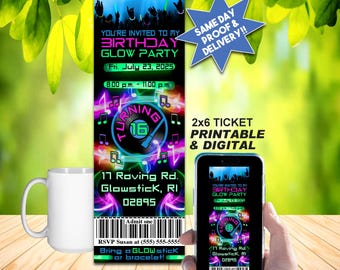 BIRTHDAY GLOW PARTY Ticket Invitation, Printable Invite or Online Use, Colorful Glow Stick Party!!!