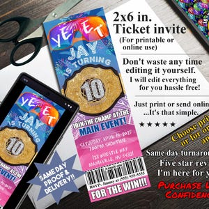 Ticket HOOFDEVENEMENT WORSTELEN, afdrukbaar of online gebruik uitnodiging, custom gepersonaliseerd, Wicked Awesome!!!