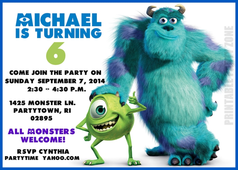 MONSTERS INC INVITATION Printable Invite. Emailable Invite - Etsy