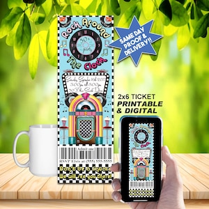Pode incluir: Um design de bilhete de festa com tema retrô com uma ilustração de jukebox, o texto "Rock Around the Clock" e detalhes do evento. Uma caneca branca e um smartphone exibindo o bilhete também estão na imagem.