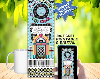 50's PARTY Ticket INVITATION, DIY Printable or Online Use, Rock Around The Clock!!!