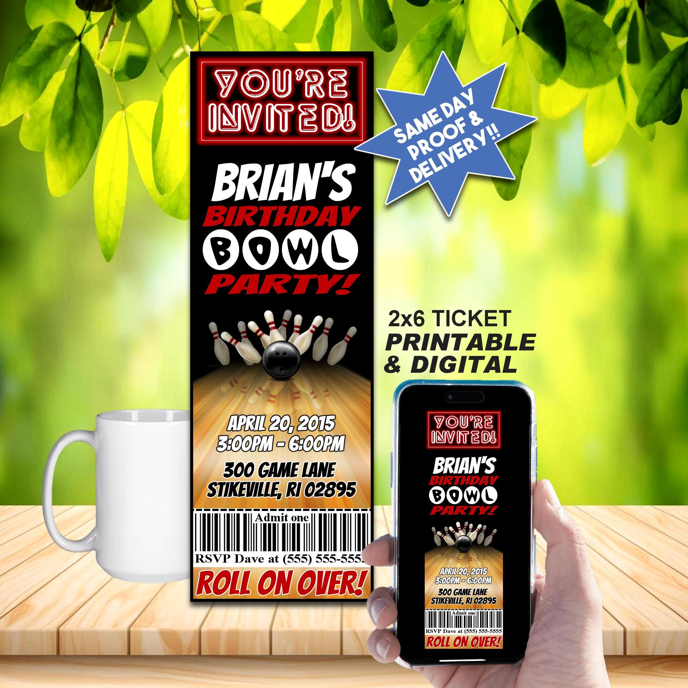 BOWLING PARTY BIRTHDAY Ticket Invitation, Printable Invite or Online Use, Cool And Fun Invite!!!