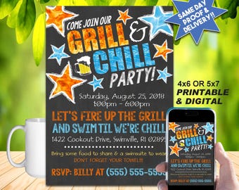 BBQ Party Chalkboard Invitation, Printable Invite, Emailable Invite (Evite) Wicked Cool-GRILL & CHILL Pool Cookout!!!