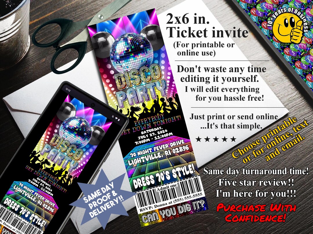 Simple Rave Style Ticket Invites DISCO PARTY Ticket Invitation, DIY Printable or Online Use, Hip 70's ...