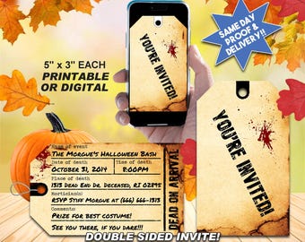 TOE TAG HALLOWEEN Invitation, Printable Invite or Digital Use Invite, Front & Back, You get 2 invites per sheet! Awesome for any party!