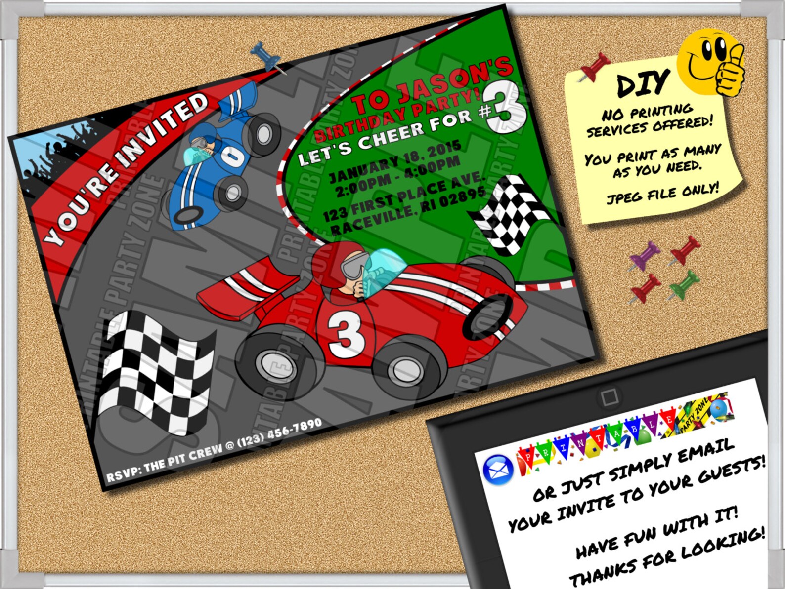 RACE CAR INVITATION Printable Invite. Emailable Invite evite Etsy