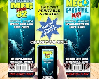 MEGALODON SHARK BIRTHDAY Invite, Pool Party Ticket, Printable invite or Online Use, Cool Summer Invitation!!!