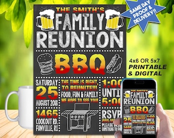 FAMILY REUNION BBQ Chalkboard Invitation, Printable Invite Or Online Use, Cool & Fun!!!